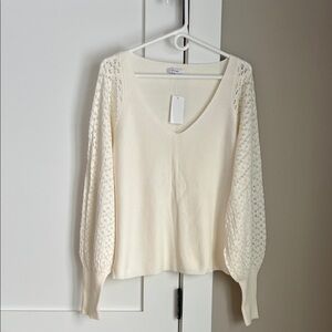 Sioni Cream V-Neck Sweater with Lace Sleeves